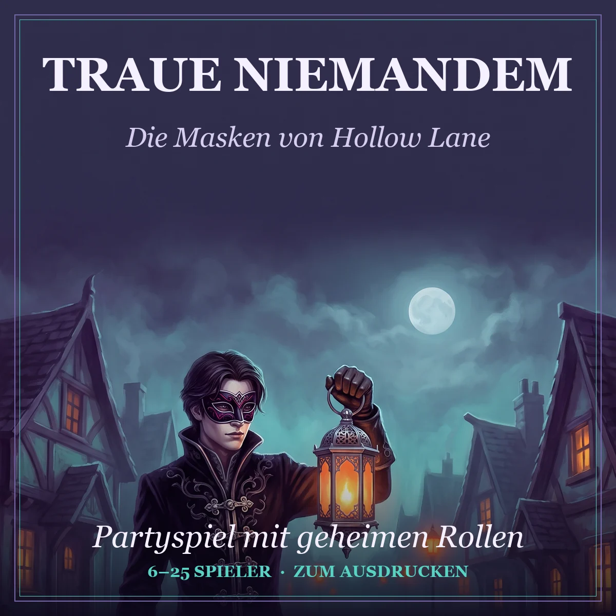 Traue niemandem: Die Masken von Hollow Lane, Cover des Halloween-Partyspiels mit geheimen Rollen zum Ausdrucken