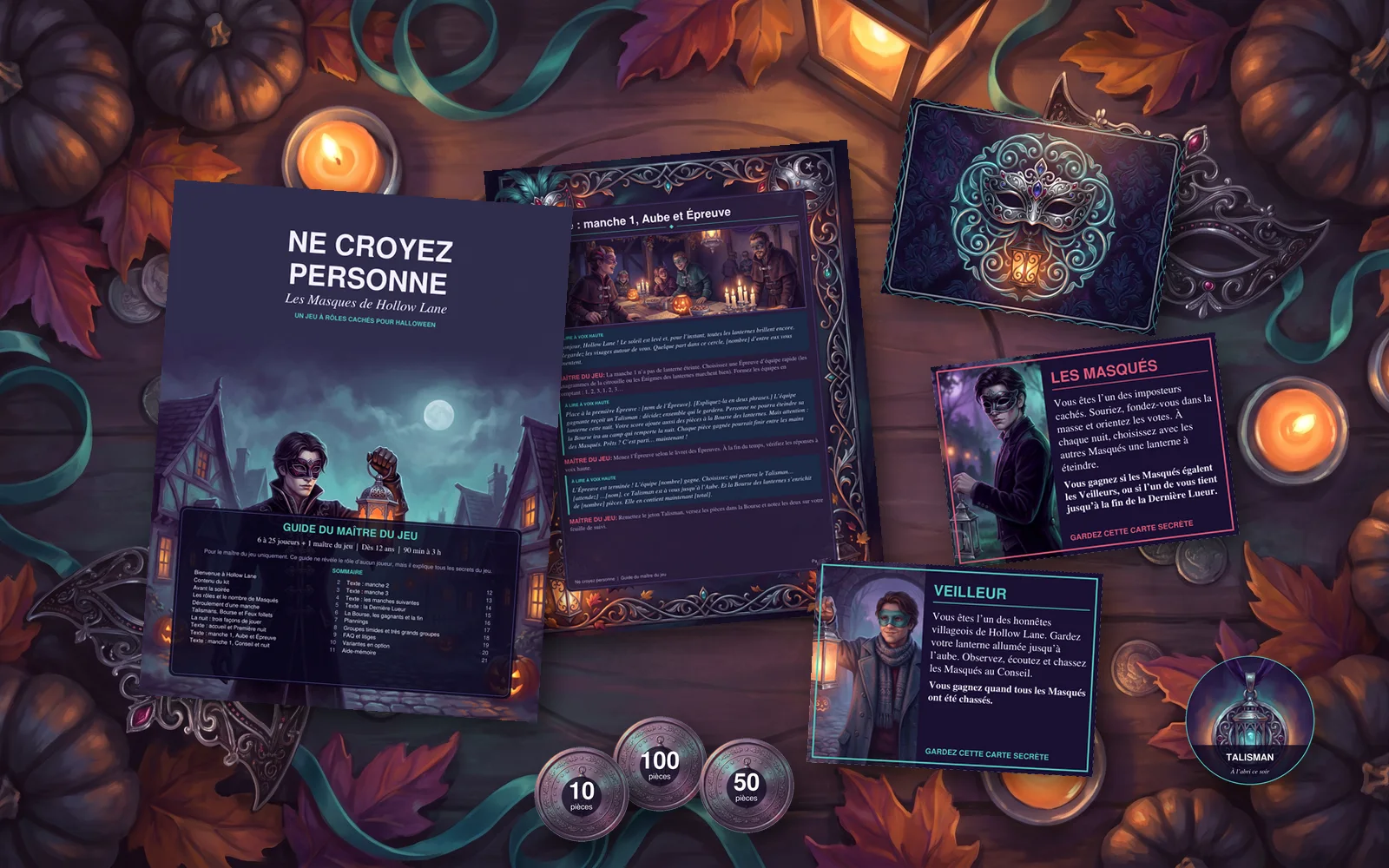 Le guide du maître du jeu en couleur, des cartes de rôle, des pièces de la Bourse des lanternes et un jeton Talisman