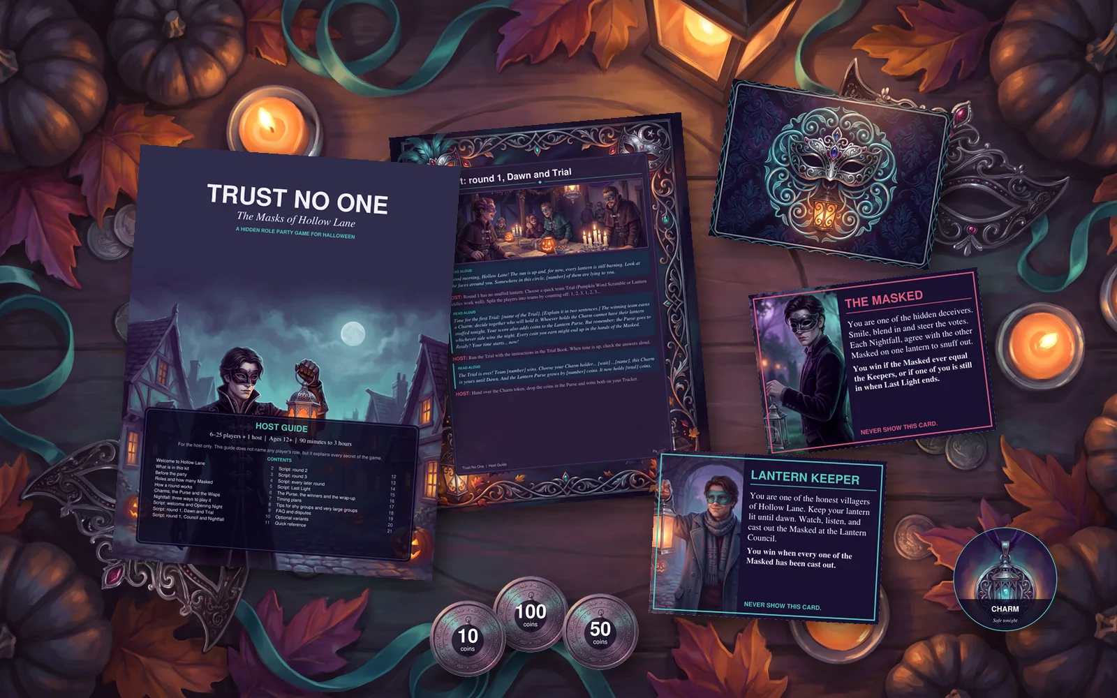 The colour Host Guide, role cards, Lantern Purse coins and a Charm token
