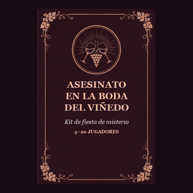 Asesinato en la boda del viñedo: portada de un kit imprimible de fiesta de misterio y asesinato