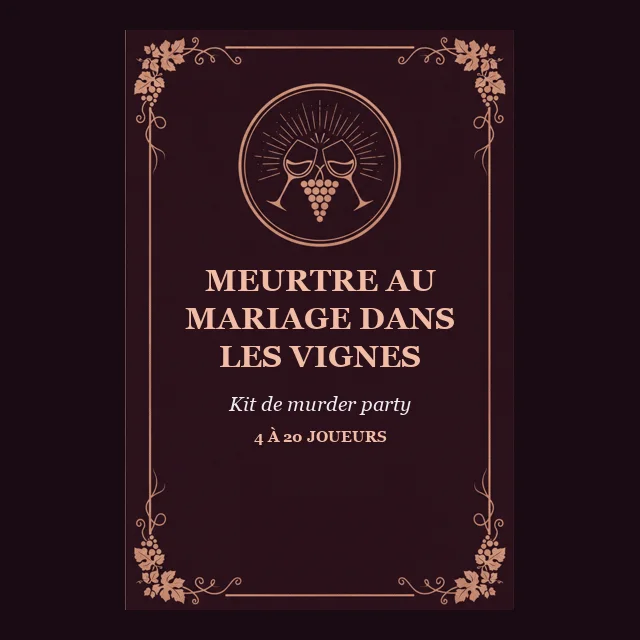 Meurtre au mariage dans les vignes : couverture d’un kit de soirée enquête à imprimer