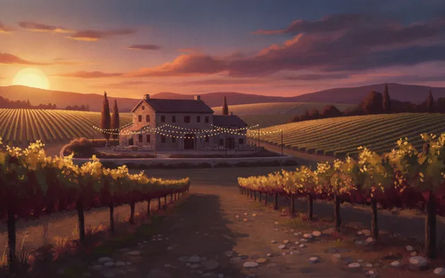 Murder at the Vineyard Wedding — the vineyard at dusk