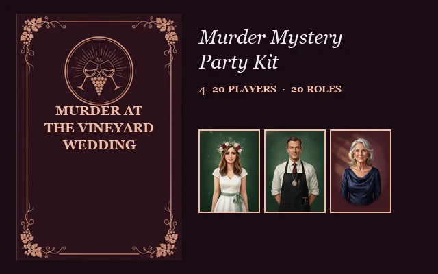 Murder at the Vineyard Wedding — printable murder mystery party kit cover