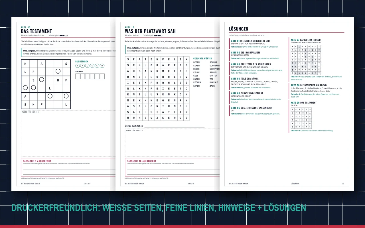 Druckerfreundliche Seiten: Buchstaben-Sudoku, Suchsel und die Lösungen