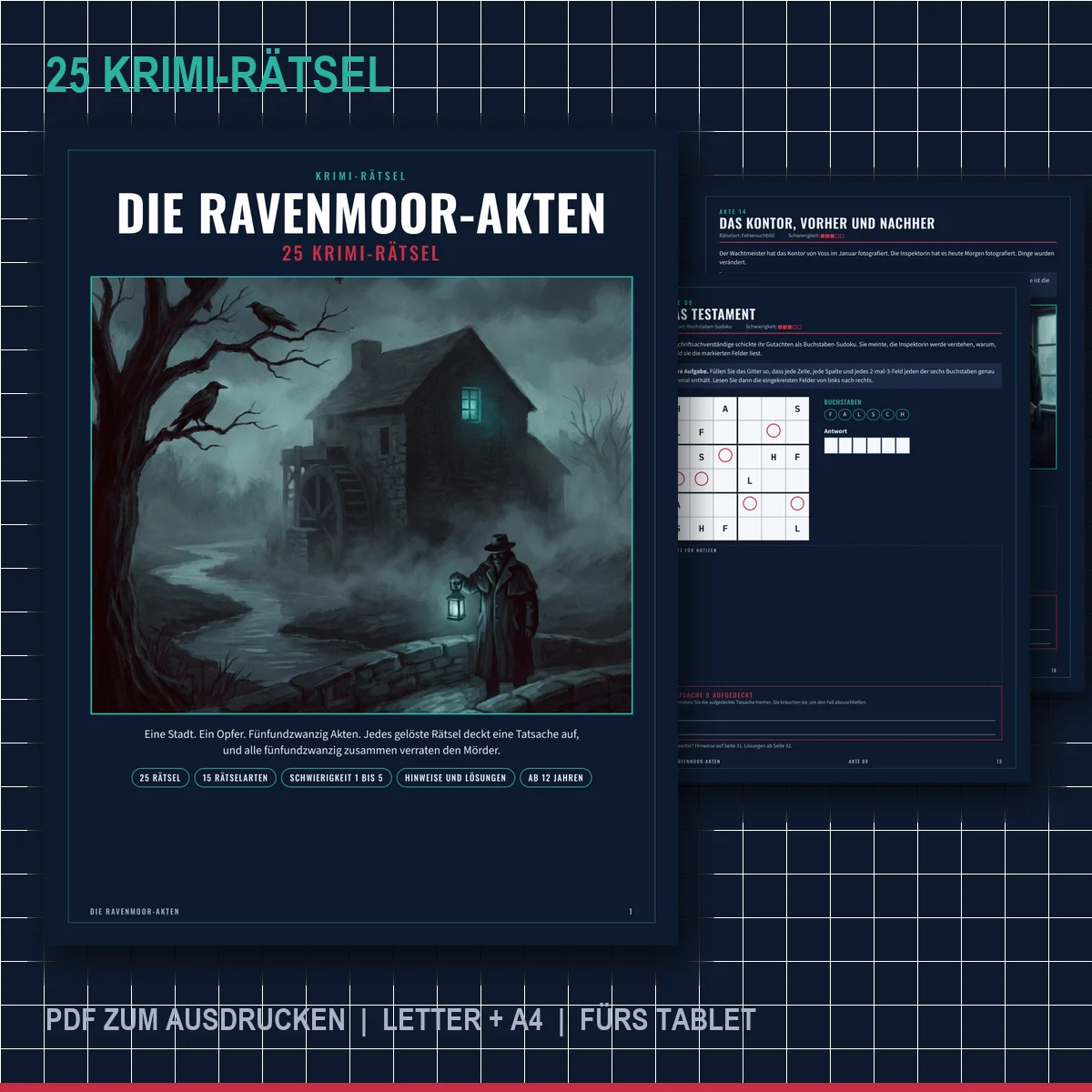 Titelseite von Die Ravenmoor-Akten: eine steinerne Wassermühle im nächtlichen Nebel neben dunklen Rätselseiten