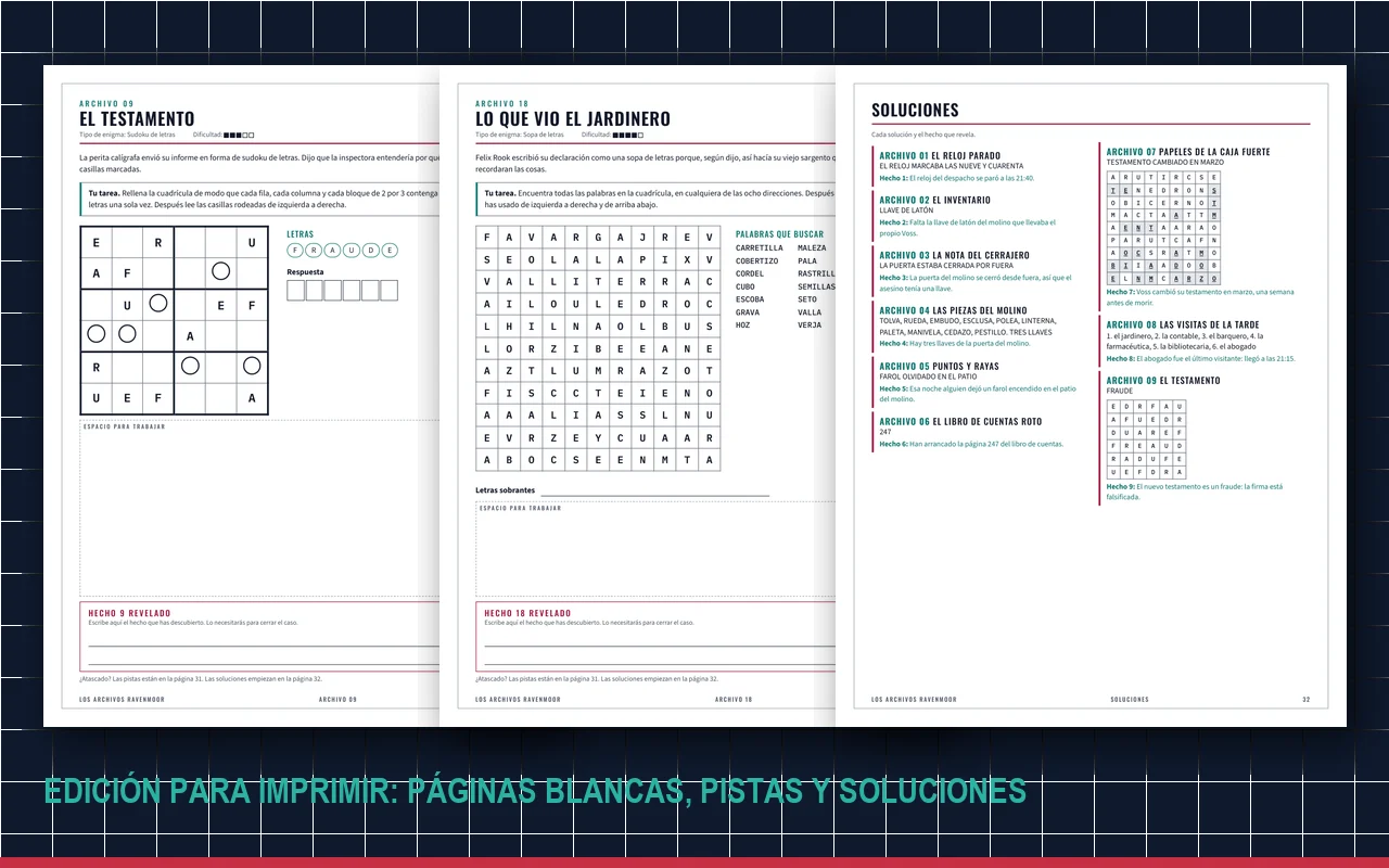 Páginas de la edición para imprimir: sudoku de letras, sopa de letras y soluciones