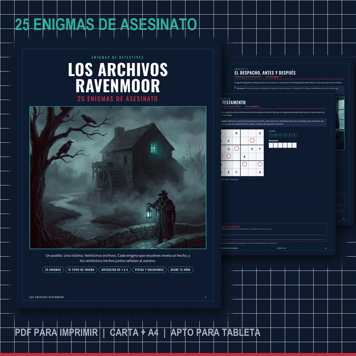 Portada del libro de enigmas Los archivos Ravenmoor: un molino de piedra entre la niebla de noche junto a páginas oscuras de enigmas