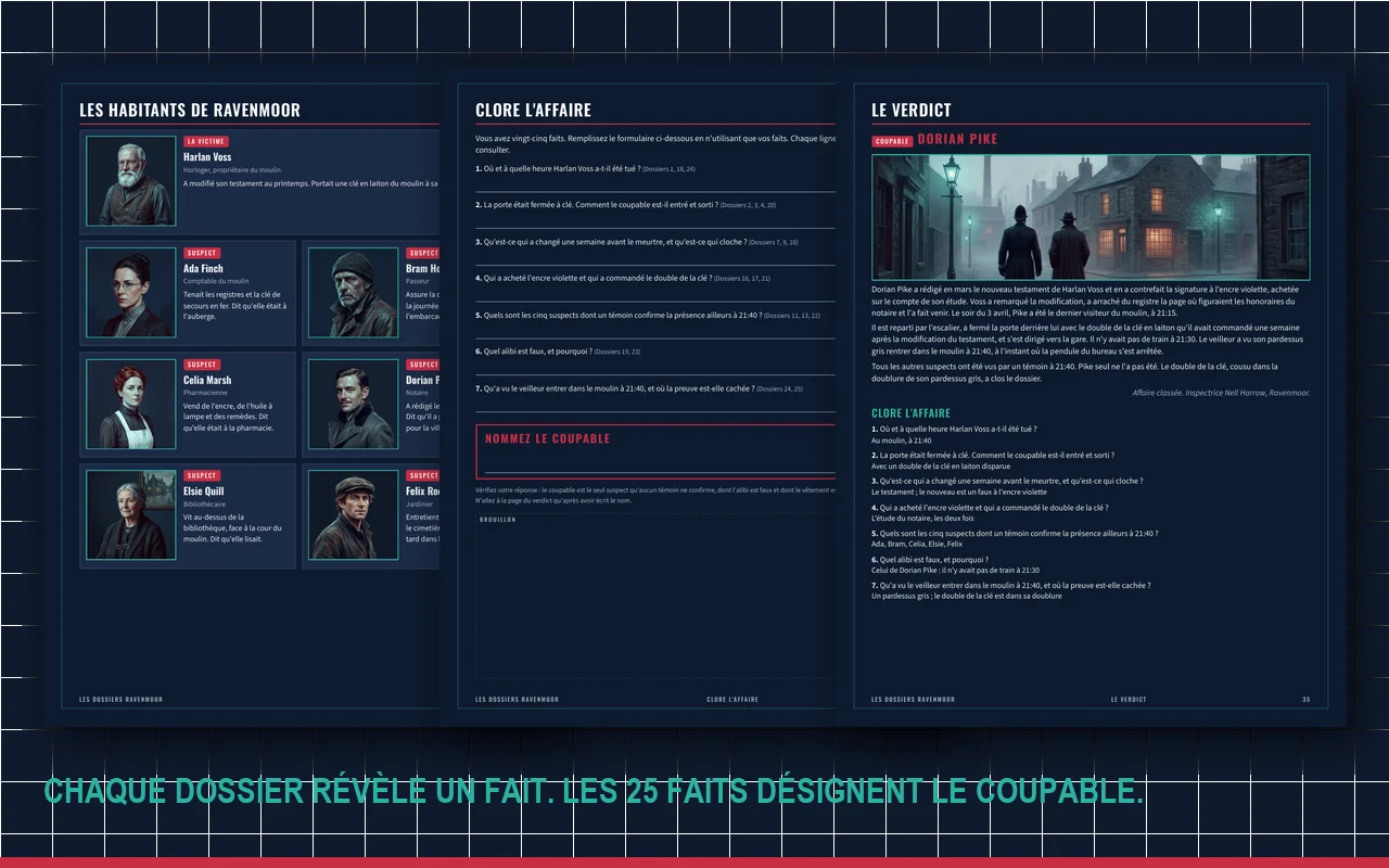 La page des suspects, le formulaire « Clore l'affaire » et la page du verdict