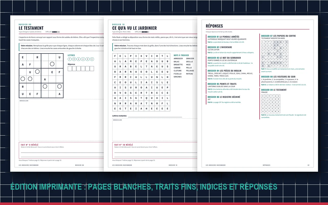 Pages de l'édition imprimante : sudoku de lettres, mots mêlés et réponses