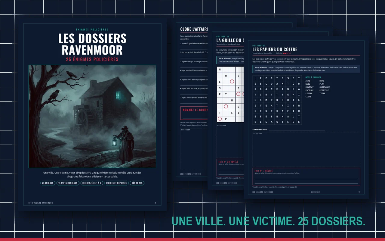 Couverture des Dossiers Ravenmoor : un moulin à eau en pierre dans le brouillard, la nuit, à côté de pages d'énigmes sombres