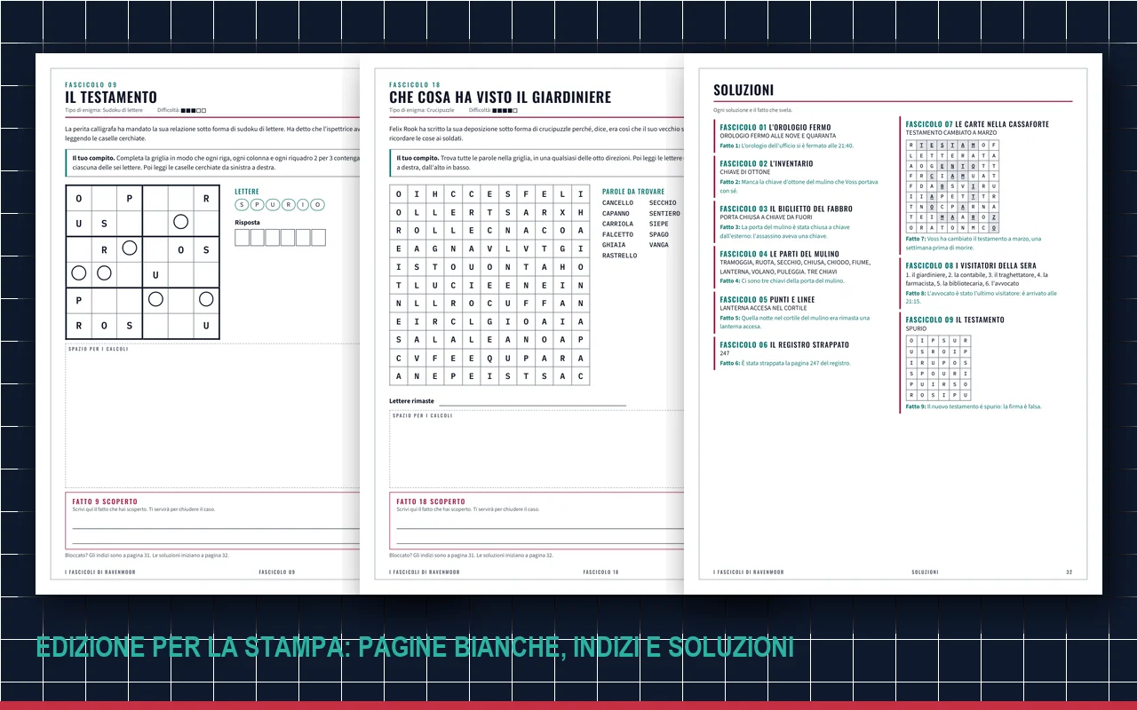 Pagine dell'edizione per la stampa: sudoku di lettere, crucipuzzle e soluzioni