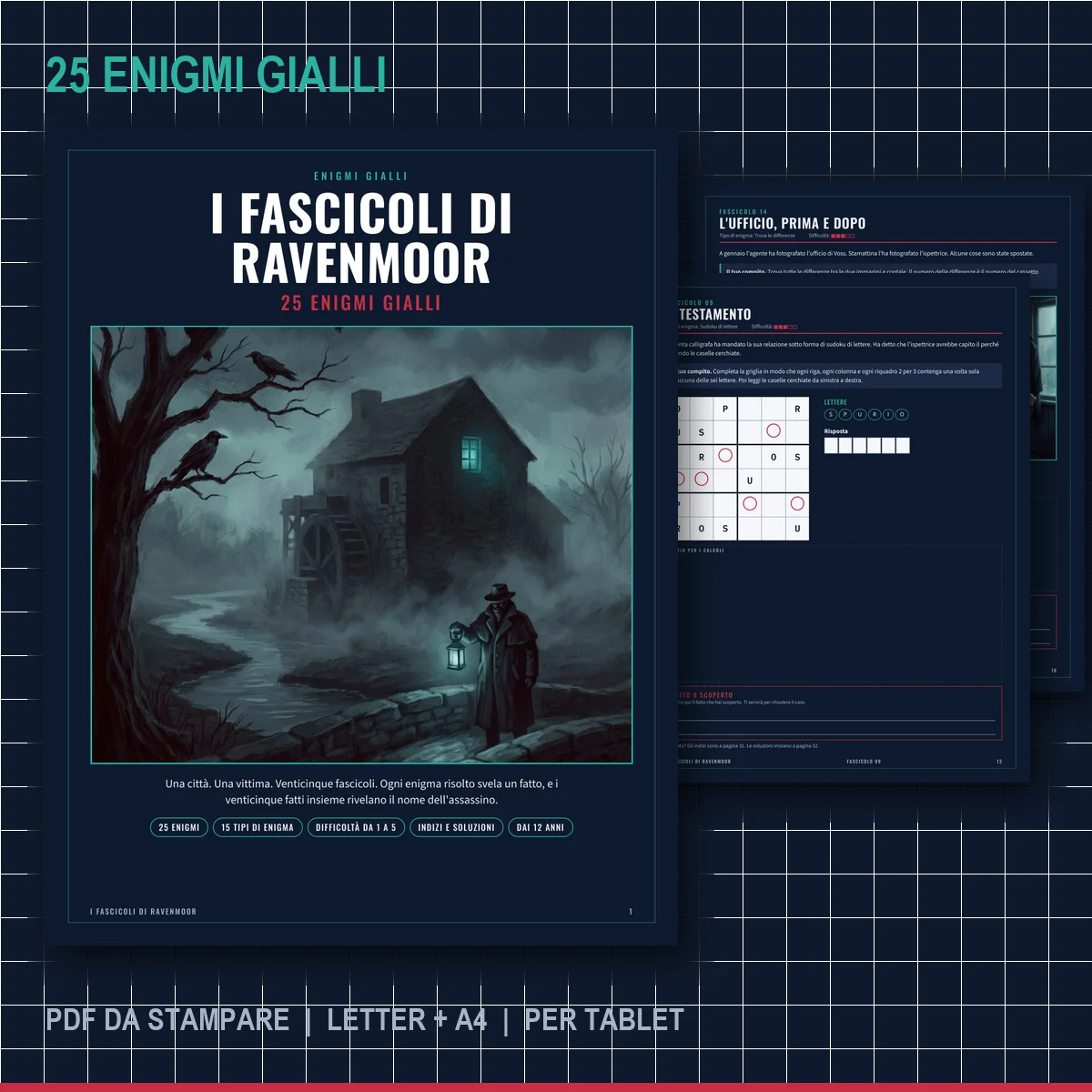 Copertina de I fascicoli di Ravenmoor: un mulino di pietra nella nebbia di notte accanto a pagine di enigmi scure