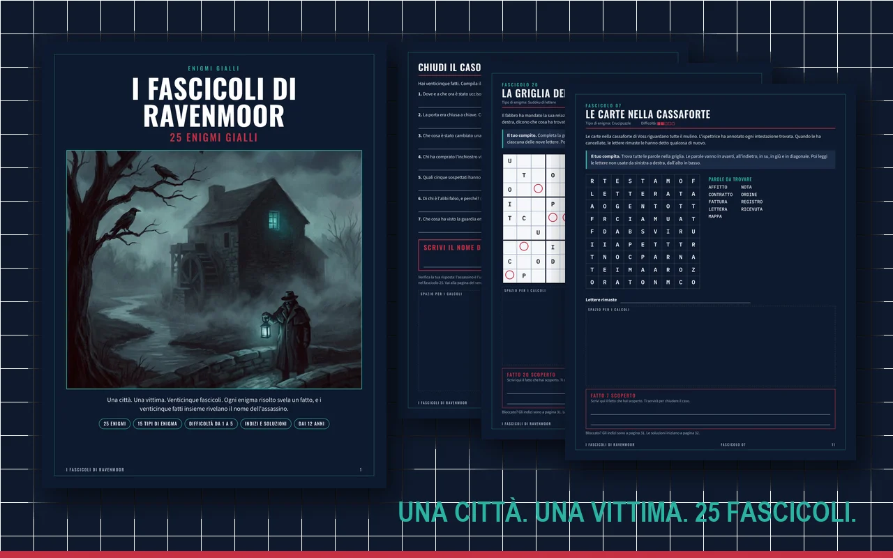 Copertina de I fascicoli di Ravenmoor: un mulino di pietra nella nebbia di notte accanto a pagine di enigmi scure