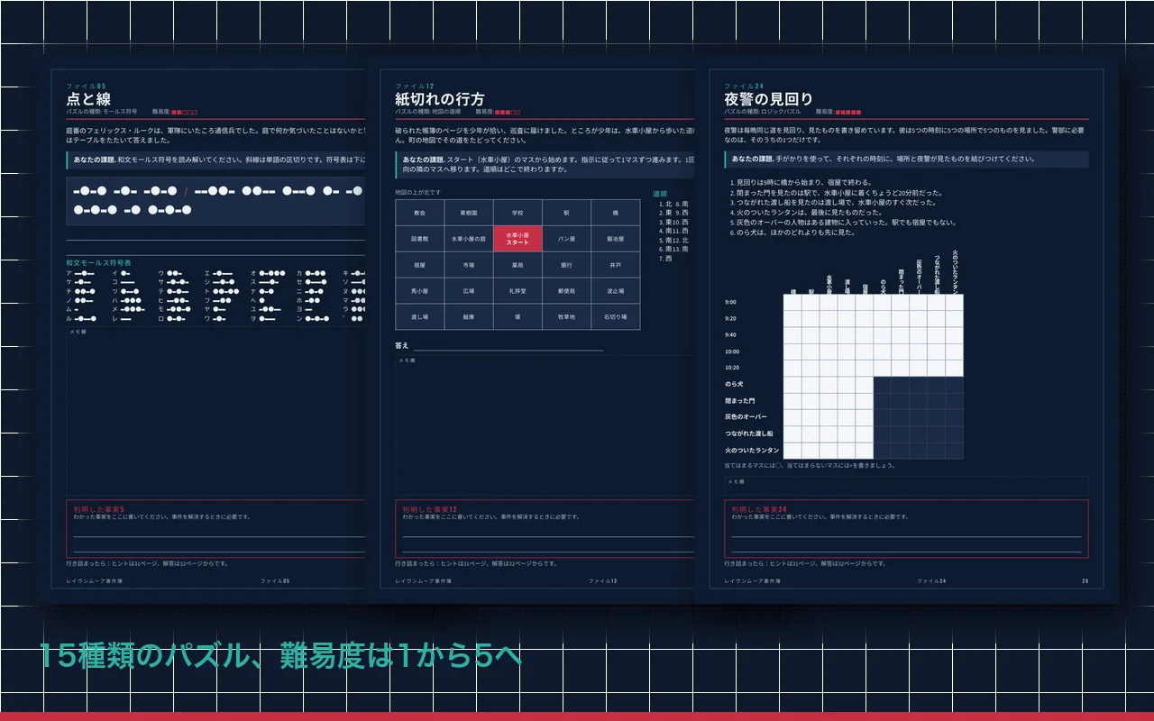 「レイヴンムーア事件簿」のパズルページ3枚：モールス符号、地図の道順、ロジックパズル