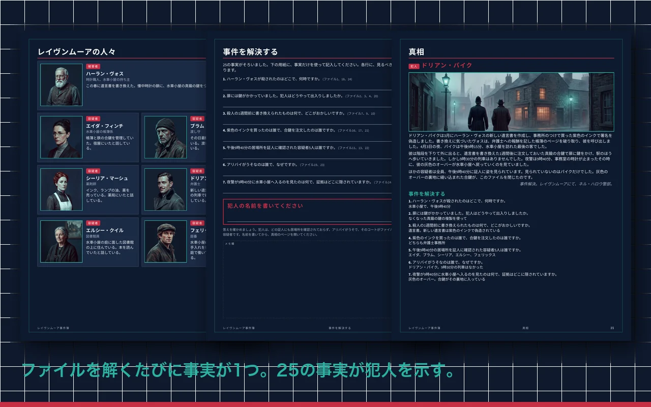 容疑者のページ、「事件を解決する」用紙、真相のページ
