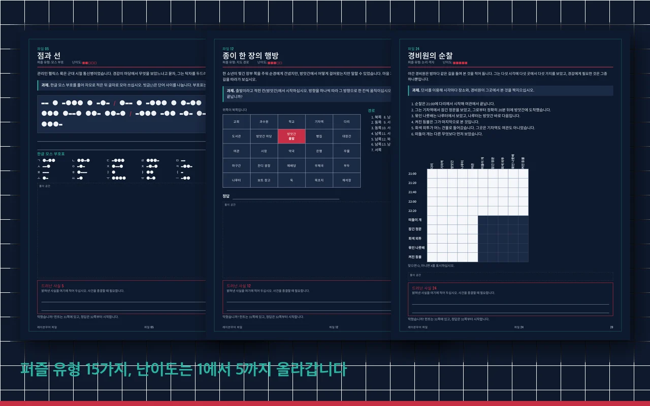 레이븐무어 파일의 퍼즐 쪽 세 장: 모스 부호, 지도 경로, 논리 격자