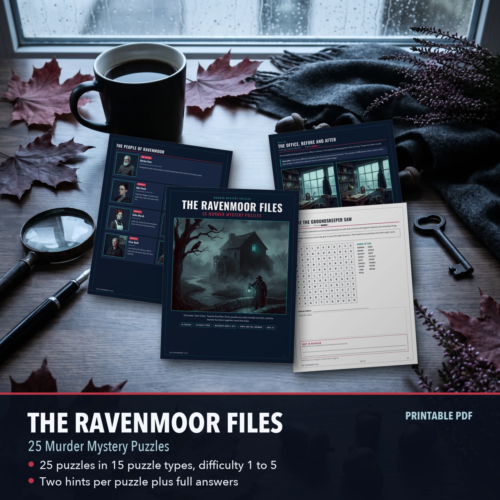 Three puzzle pages from The Ravenmoor Files: Morse code, map route and a logic grid
