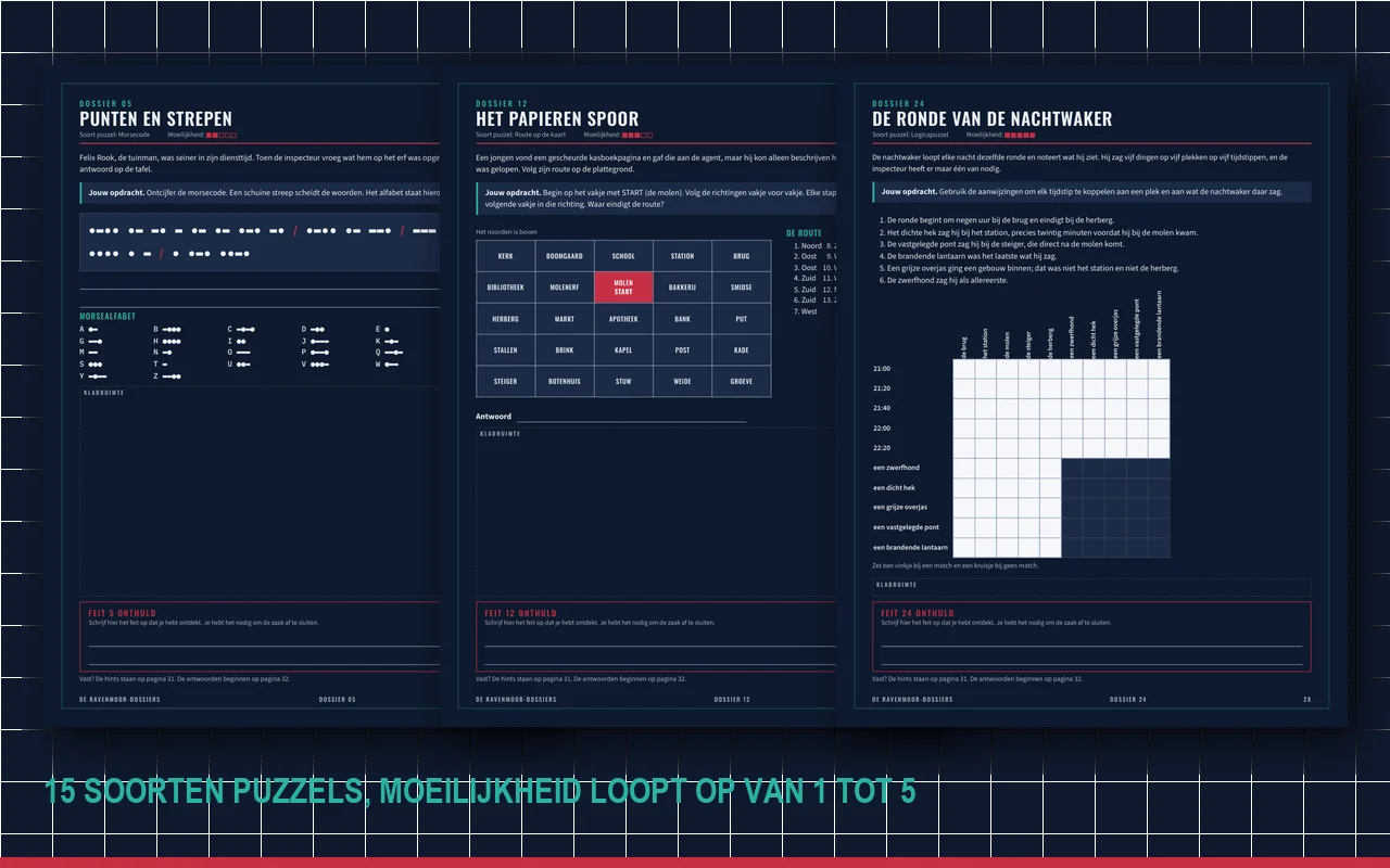 Drie puzzelpagina's uit De Ravenmoor-dossiers: een lettersudoku, een route op de kaart en een logicapuzzel
