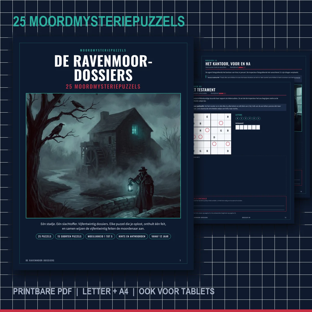 Omslag van het puzzelboek De Ravenmoor-dossiers: een stenen watermolen in de mist bij nacht naast donkere puzzelpagina's