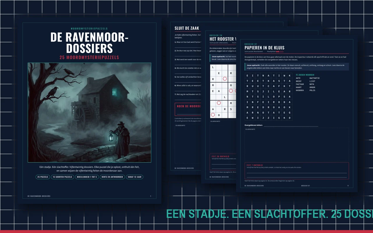 Omslag van het puzzelboek De Ravenmoor-dossiers: een stenen watermolen in de mist bij nacht naast donkere puzzelpagina's
