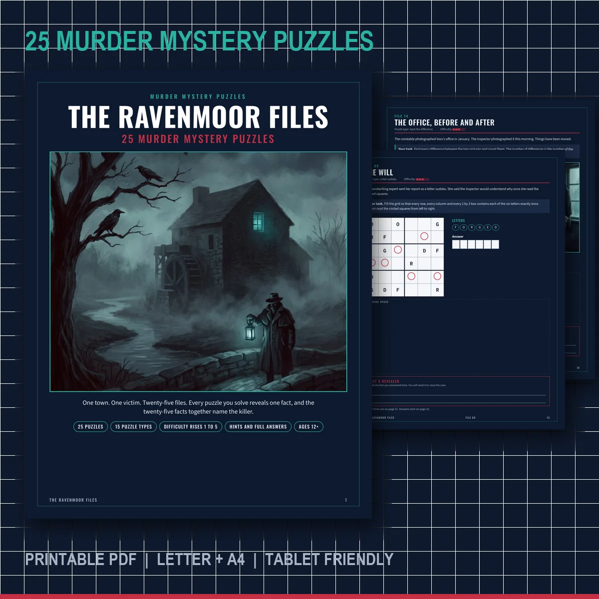 The Ravenmoor Files puzzle book cover: a stone watermill in fog at night beside dark puzzle pages
