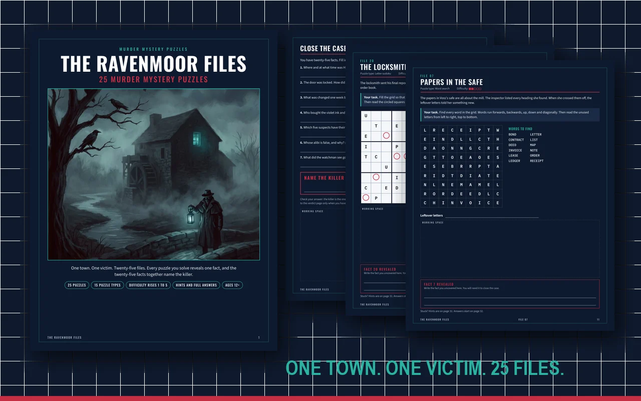 The Ravenmoor Files puzzle book cover: a stone watermill in fog at night beside dark puzzle pages