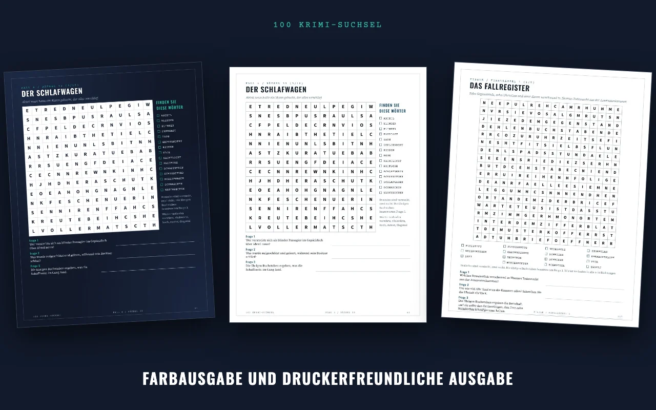 Dasselbe Rätsel in der Farbausgabe und der druckerfreundlichen Ausgabe neben dem Fallregister-Rätsel des Finales