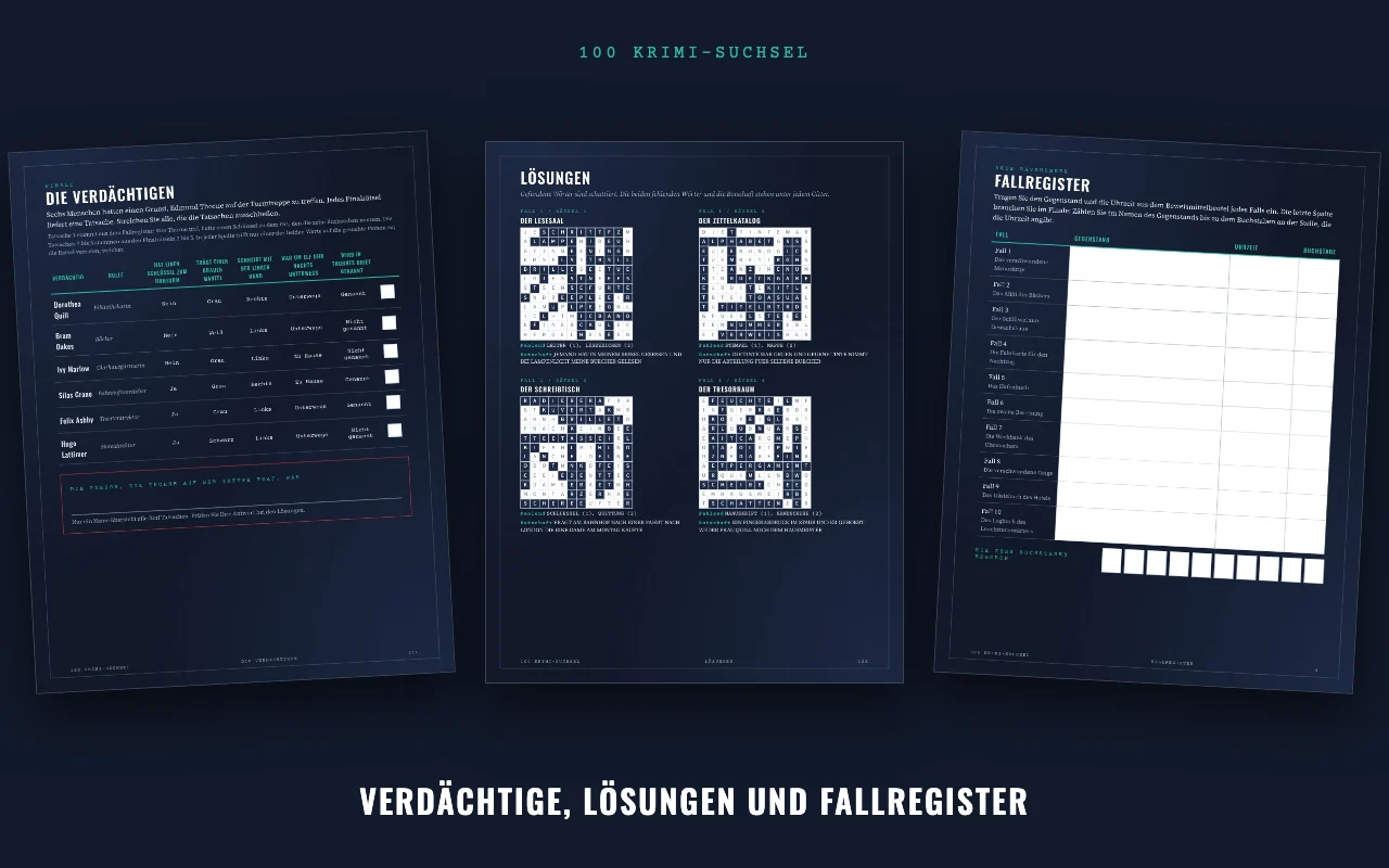 Die Tabelle der Verdächtigen, eine Lösungsseite mit schattierten Wörtern und das Fallregister