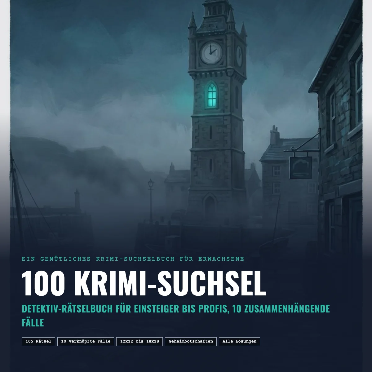 Titelseite von 100 Krimi-Suchsel mit einem Uhrturm über einer nebligen Hafenstadt
