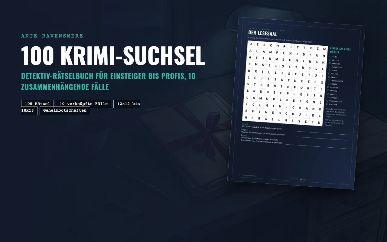 Titelseite von 100 Krimi-Suchsel mit einem Uhrturm über einer nebligen Hafenstadt