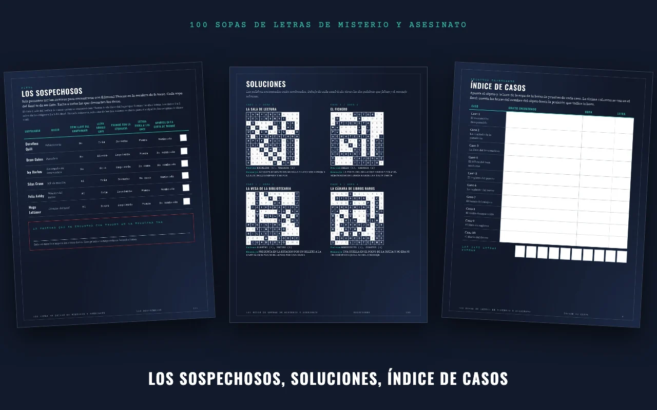 La tabla de sospechosos, una página de soluciones con las palabras sombreadas y el índice de casos