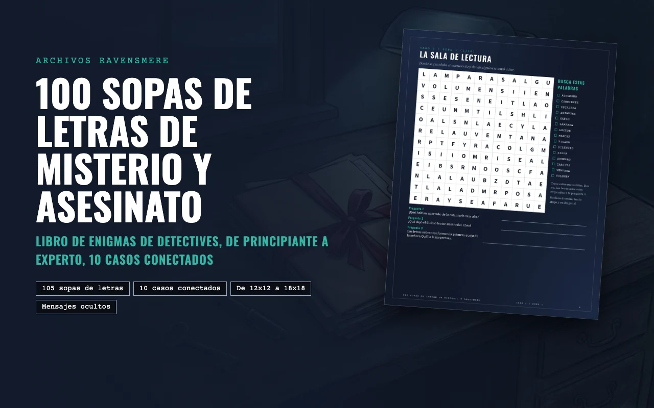 Portada de 100 sopas de letras de misterio y asesinato con un campanario sobre un pueblo portuario entre la niebla