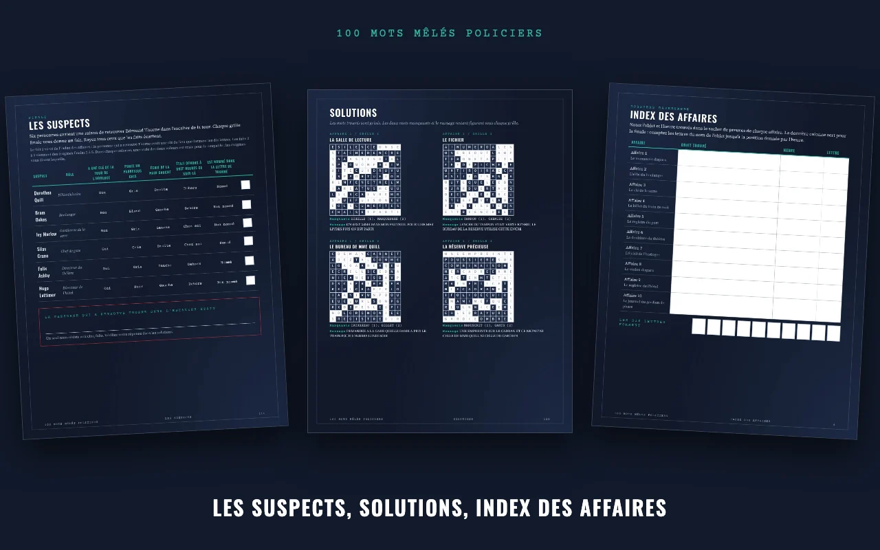 Le tableau des suspects, une page de solutions avec les mots trouvés grisés et l'index des affaires