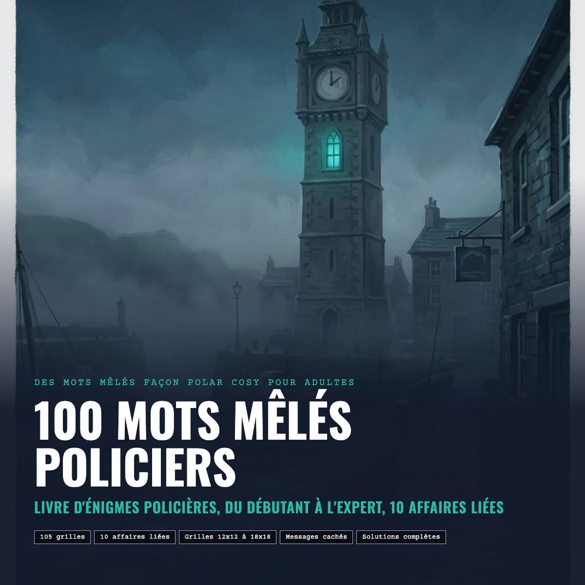 Couverture de 100 mots mêlés policiers : une tour d'horloge au-dessus d'une ville portuaire dans le brouillard