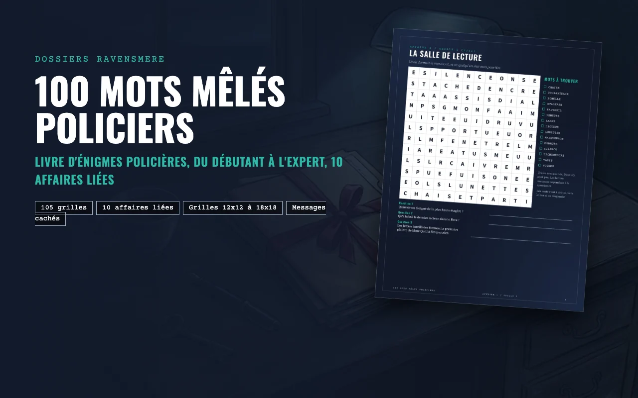 Couverture de 100 mots mêlés policiers : une tour d'horloge au-dessus d'une ville portuaire dans le brouillard