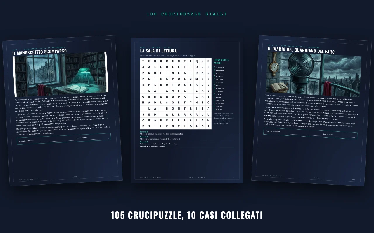 Pagina della storia di un caso e due pagine di enigmi dell'edizione a colori