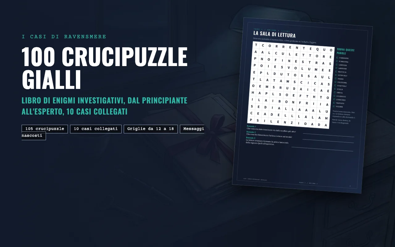 Copertina di 100 crucipuzzle gialli con una torre dell'orologio sopra una cittadina di mare nella nebbia