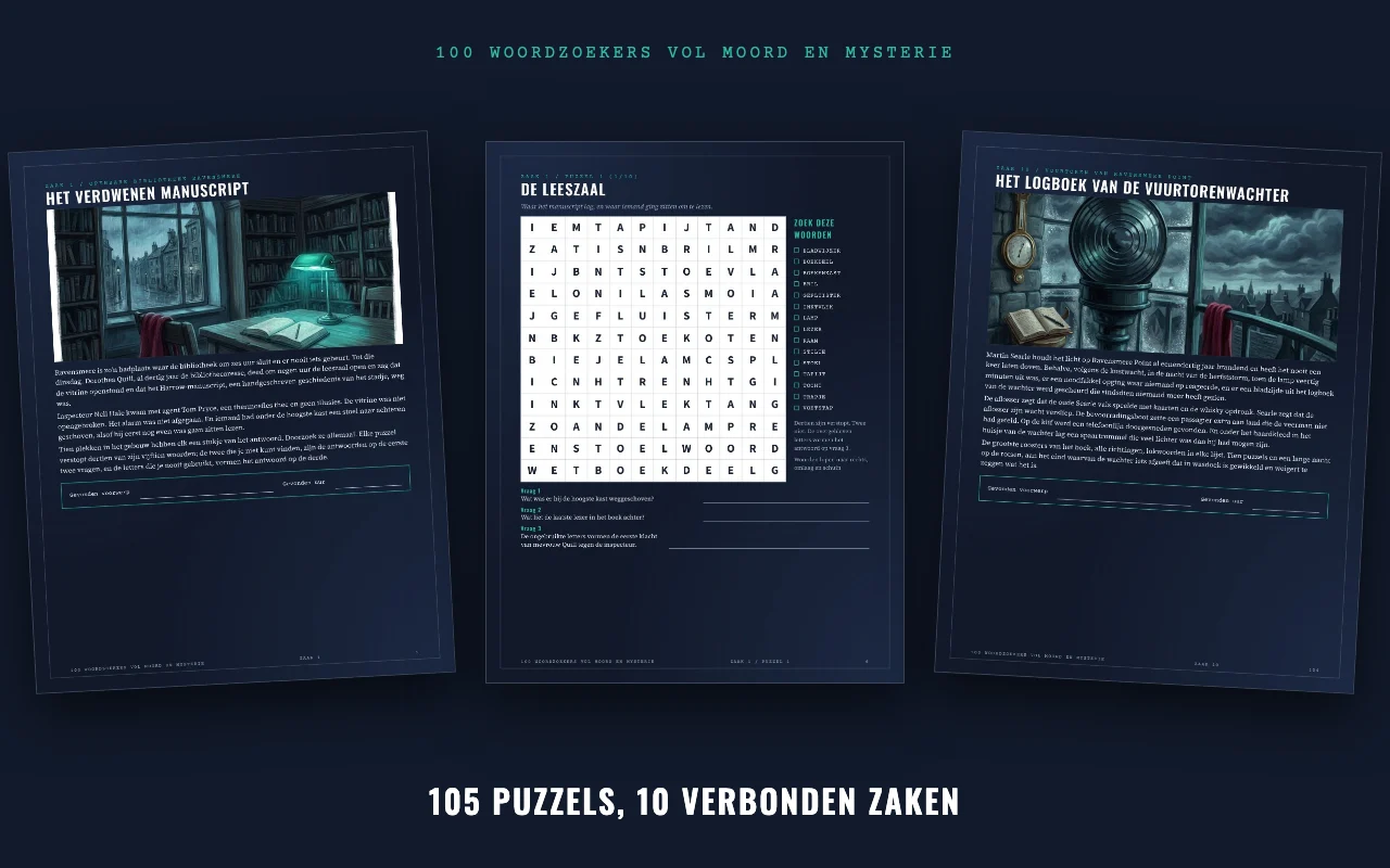 Verhaalpagina en twee puzzelpagina's uit de kleureneditie