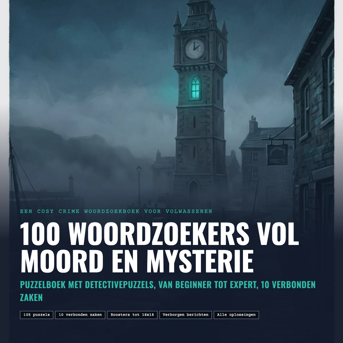 Omslag van 100 woordzoekers vol moord en mysterie met een klokkentoren boven een mistig havenstadje