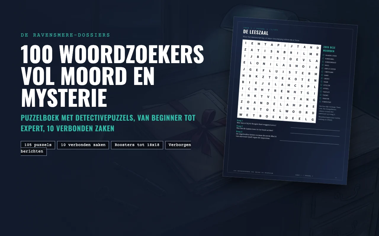 Omslag van 100 woordzoekers vol moord en mysterie met een klokkentoren boven een mistig havenstadje