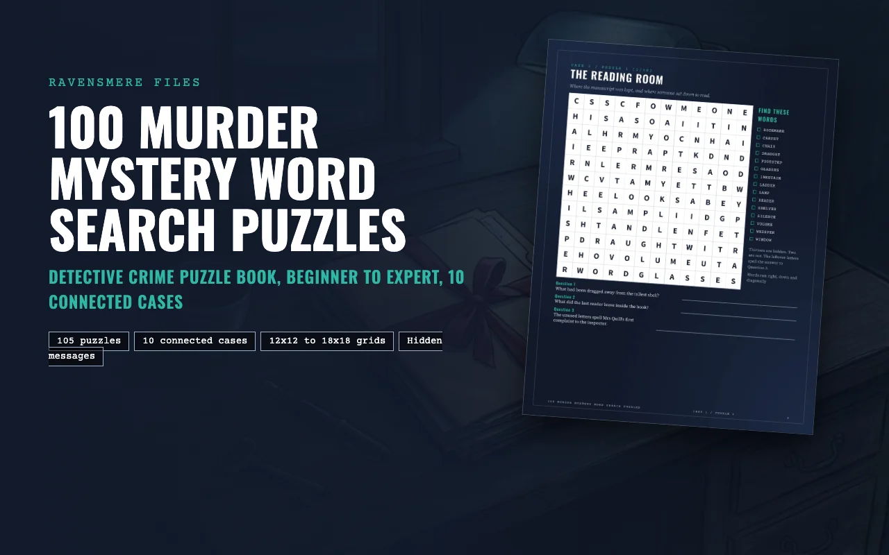 Cover of 100 Murder Mystery Word Search Puzzles showing a clock tower above a foggy harbour town